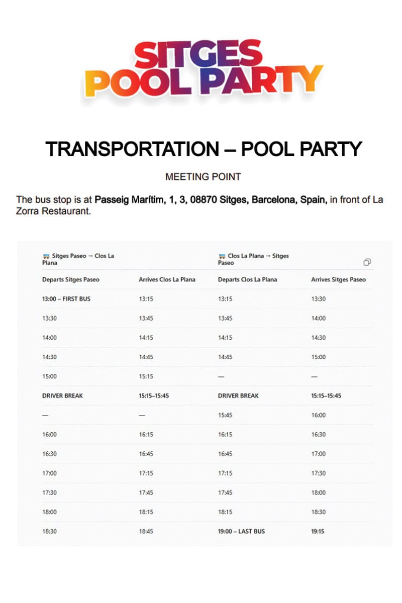 Sitges Bus Timetable Pool Party
